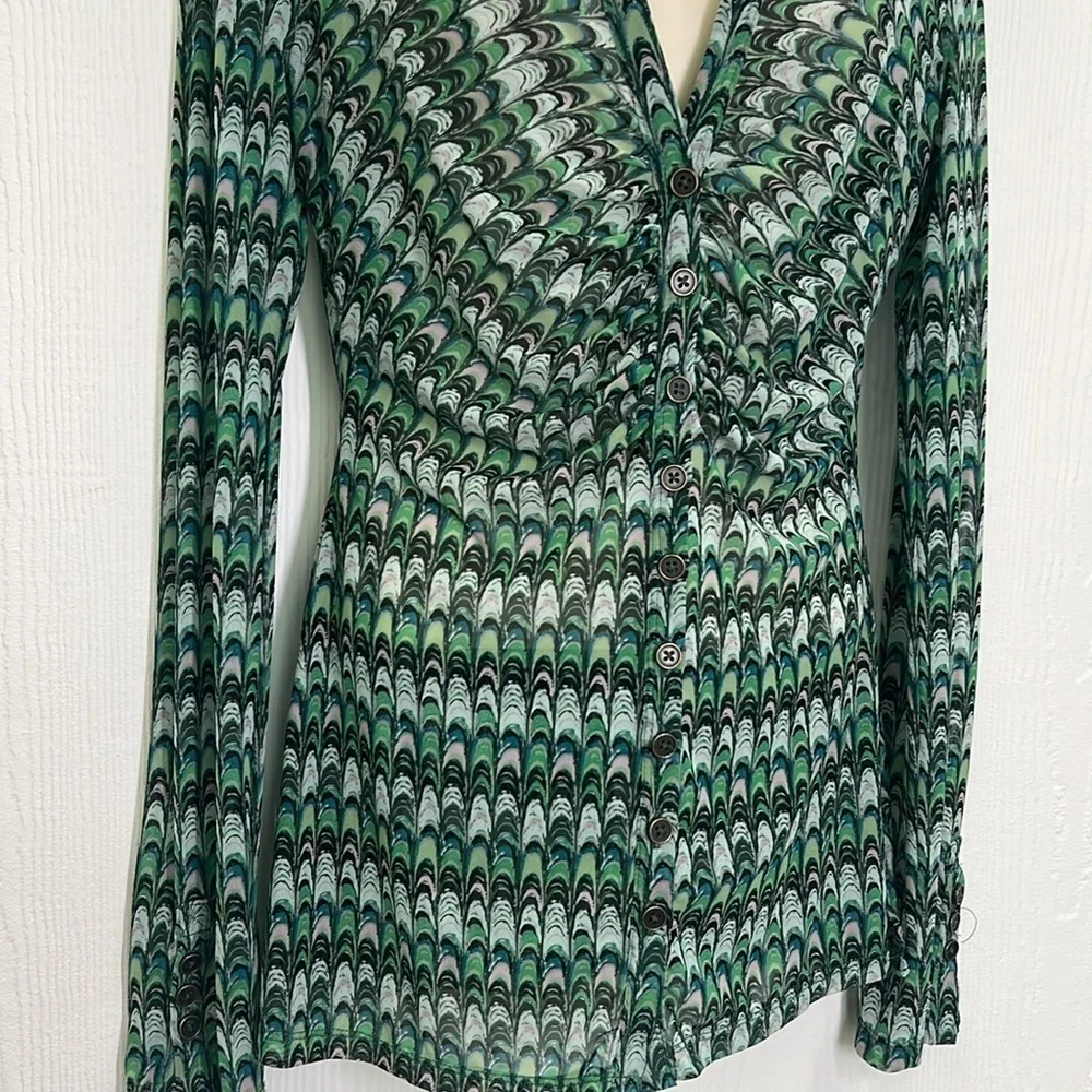 Free People - Green Fish Scale Button Down Ling Sleeve Sheer Blouse Size Small